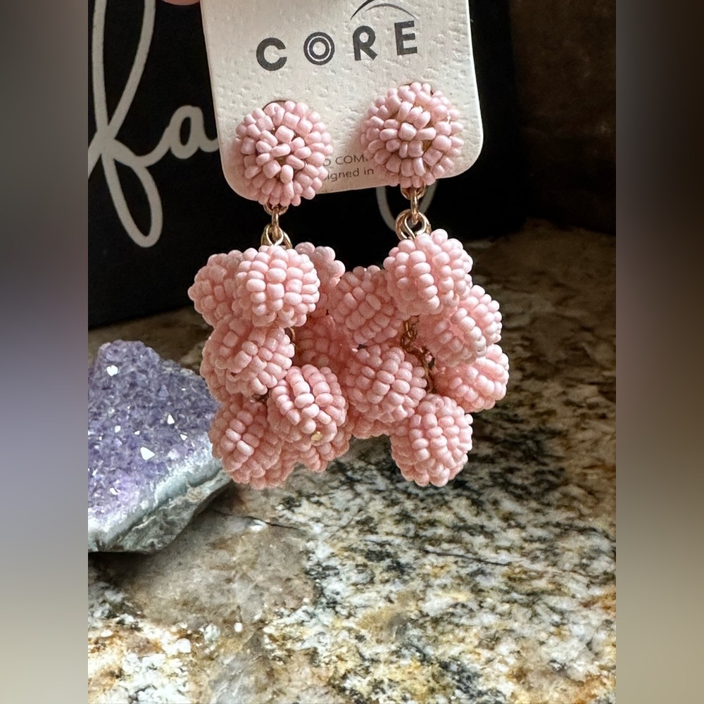 Gold Pink Seed Bead Ball Cluster Earrings - Picture 6 of 8